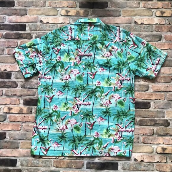 Vintage RJC Hawaiian Shirt Men Size Large L Made in USA Hawaii Flamingo Teal - Picture 2 of 5